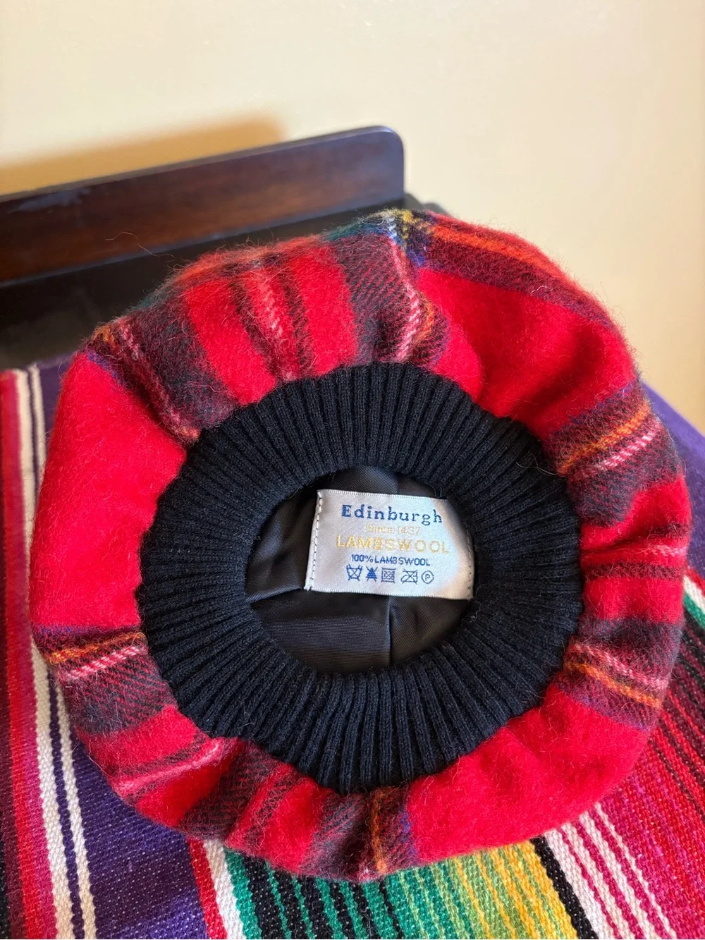💯% Edinburgh Red Plaid Wool Tam Hat with Black Pom
